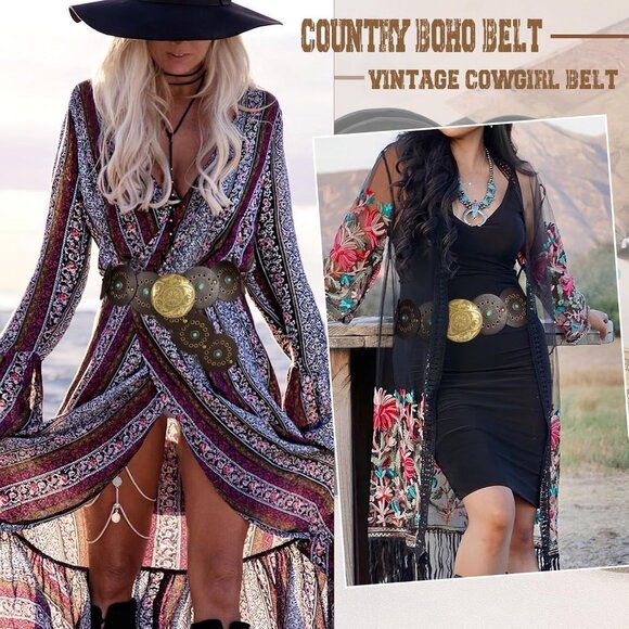 Woman's Western PU Leather Belt Concho Disc Wide Waist Belt Coffee Bronze Buckle - Picture 6 of 6